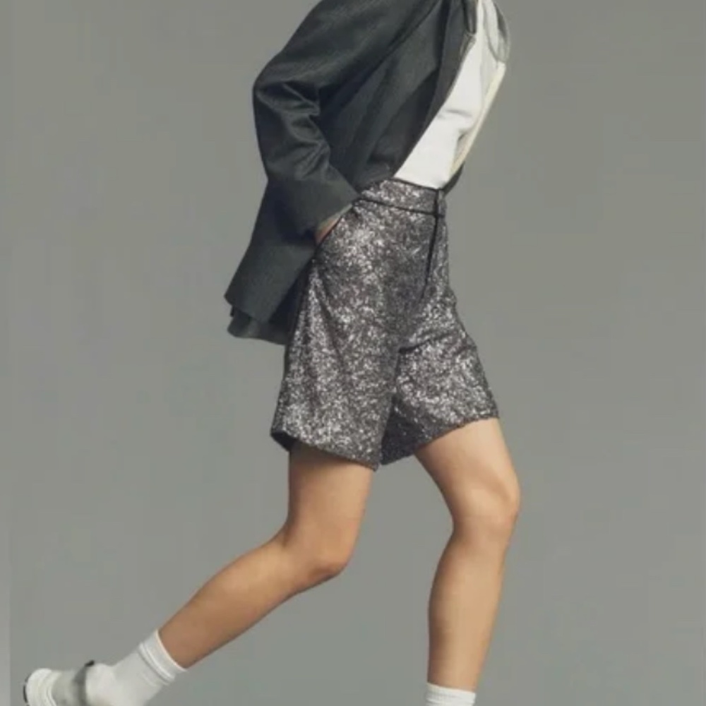 Maeve Anthropologie Sequin Long Line Silver Black Sparkle Tuxedo Shorts size sma